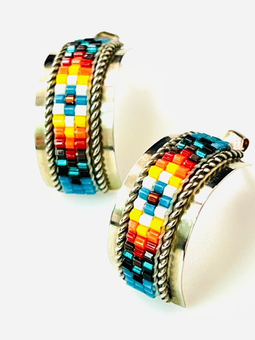 Navajo Sterling Silver Beaded Half Hoop Earrings | Native American Artisan | 1”